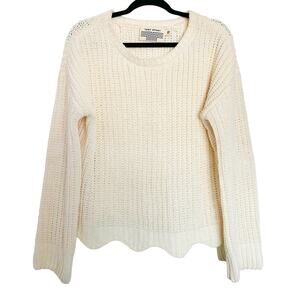 Tory Sport Chunky Knit Scalloped Hem Fisherman Boxy Fit Sweater Cream Sz XS